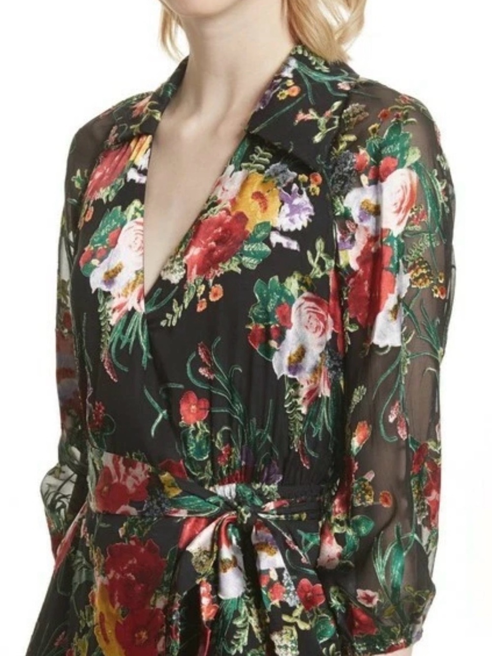 NWT Alice + Olivia Abney Black Floral Wrap Midi Dress Blooming Bouquet size 10 - Picture 16 of 16